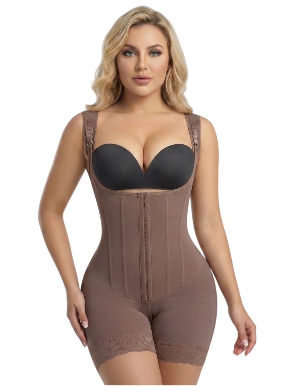 Brown High-Waist Full-Body Shapewear Bodysuit with Adjustable Straps
